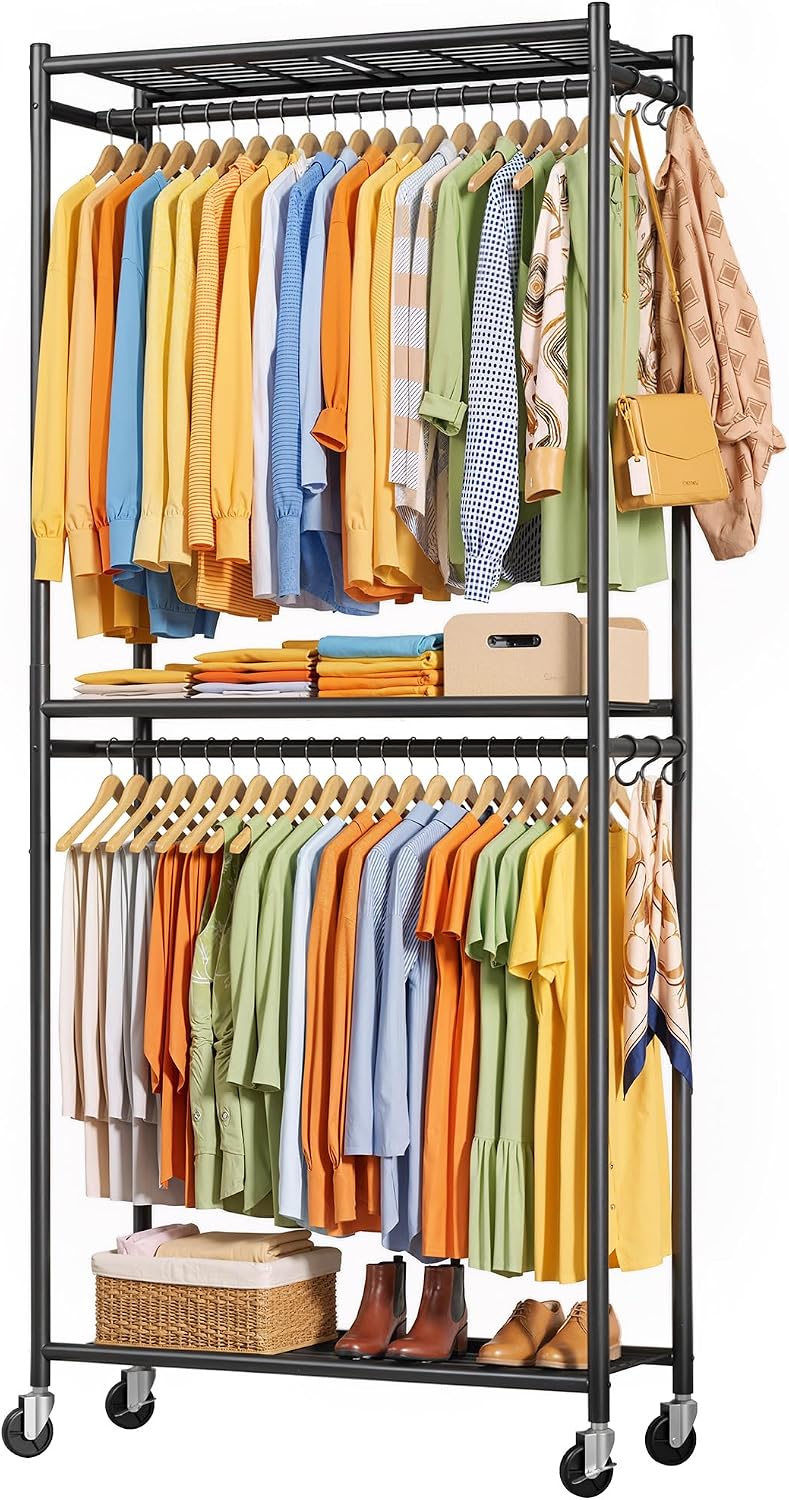 Portable Closet Clothes Rack, Dual Rods, 33 x 12.2 x 79.5 in, Black