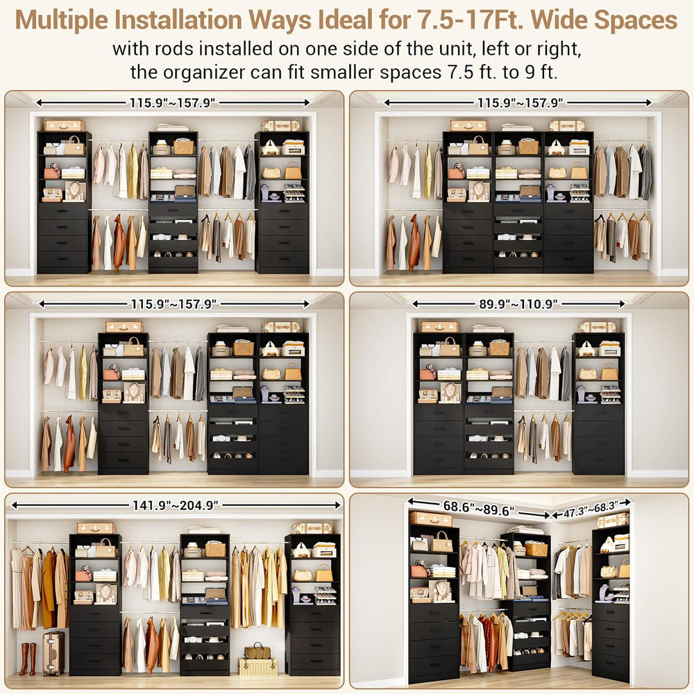 Aheaplus Closet System with 12 Drawers, 8.5-11.5Ft Wood Closet Organizer