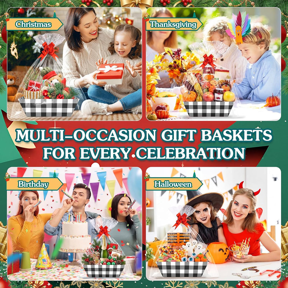 AFOROEOA 10 Pack Christmas Gift Baskets Empty, 10x12 Inch Black Plaid Gift Ba...