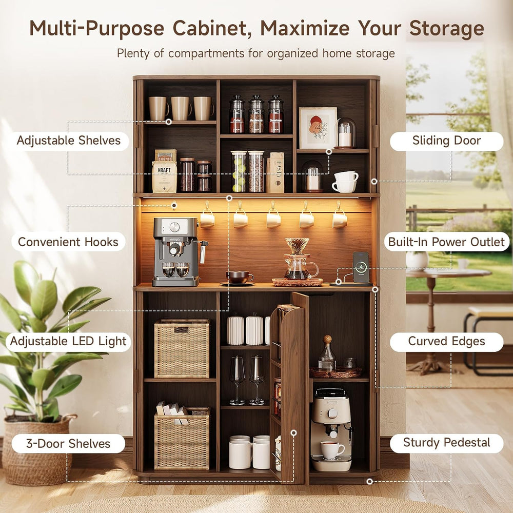 71" Fluted Kitchen Pantry Cabinet Sliding Door, LED Light/Outlet