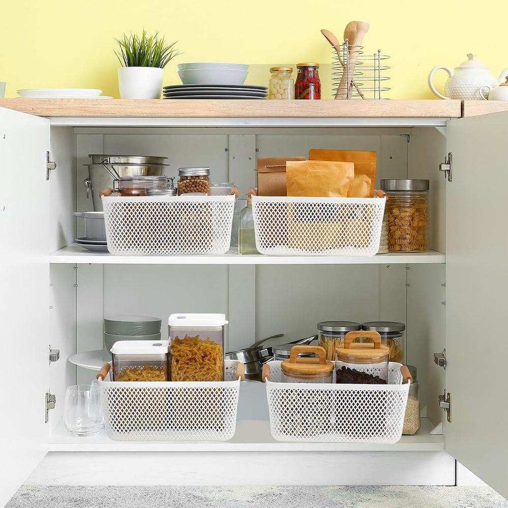 Tioncy 4 Pcs White Mesh Baskets with Wooden Handles Plastic Storage Organizer...