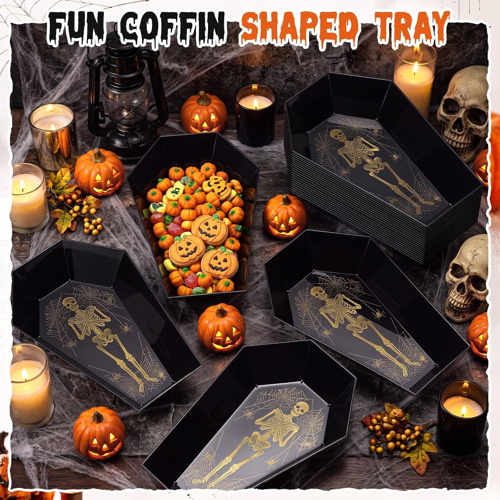 Honeydak 24 Pcs Halloween Candy Bowl, Plastic Coffin Shaped Serving Trays