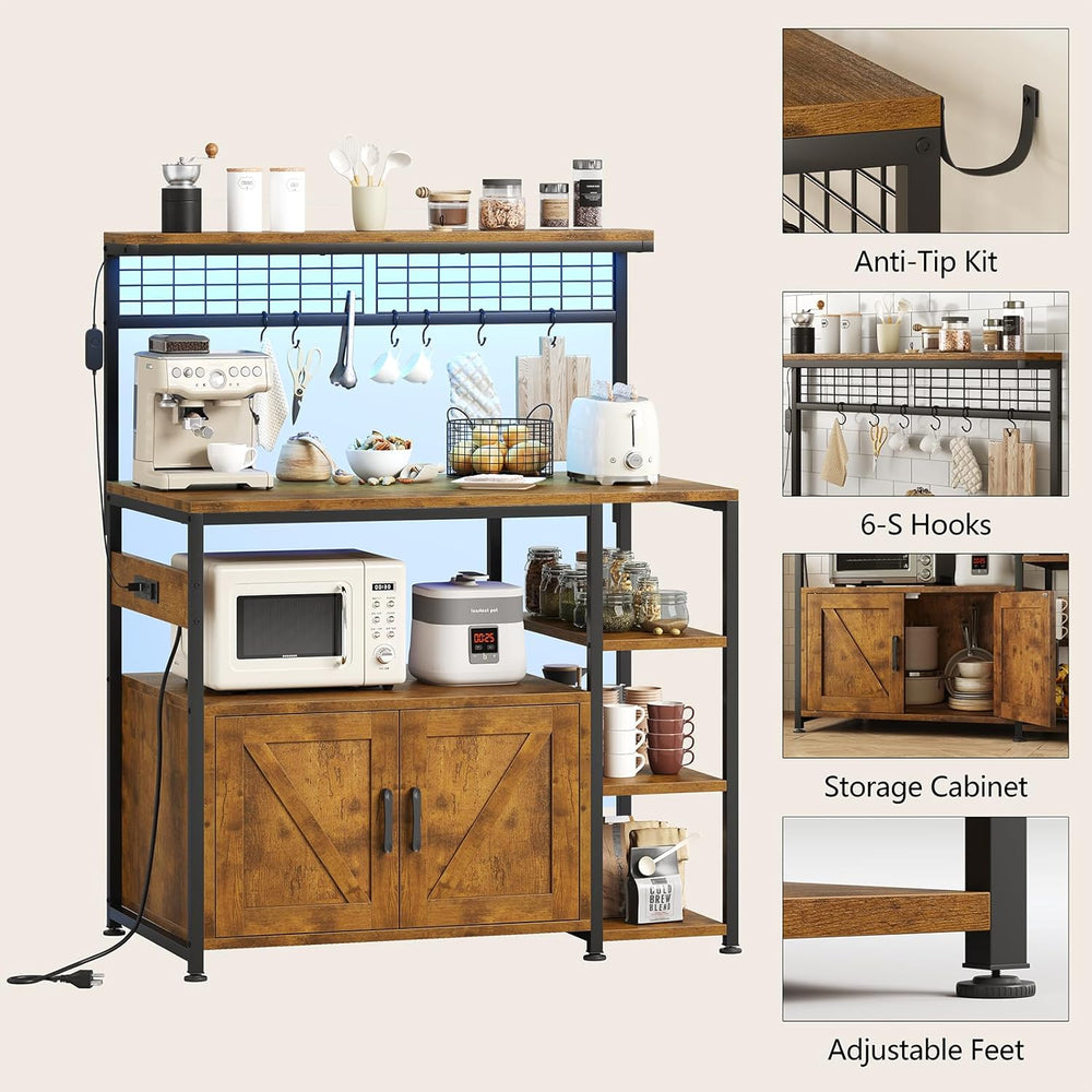 TVU Bakers Rack with Power Outlet and LED Light, Microwave Stand with Storage...