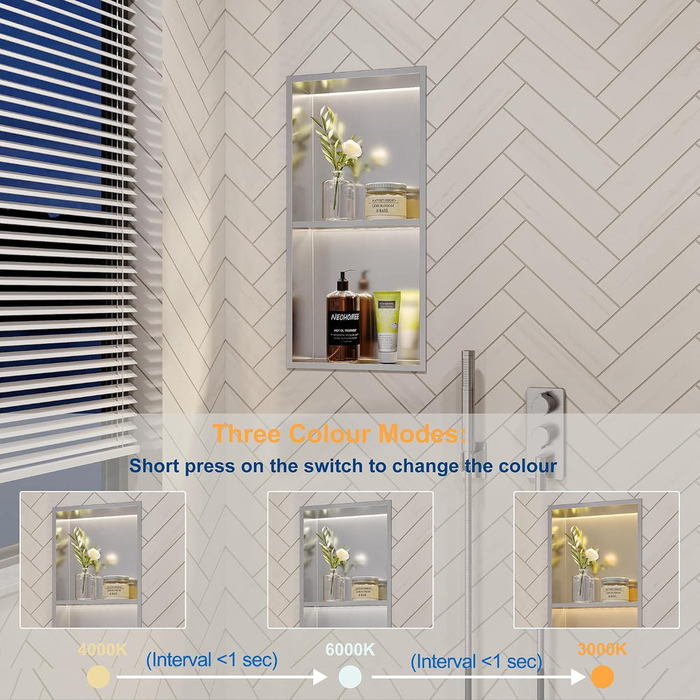 Brushed 2-Tier 3 CCT LED Niche, 12"x24" No-Tile Shower Storage