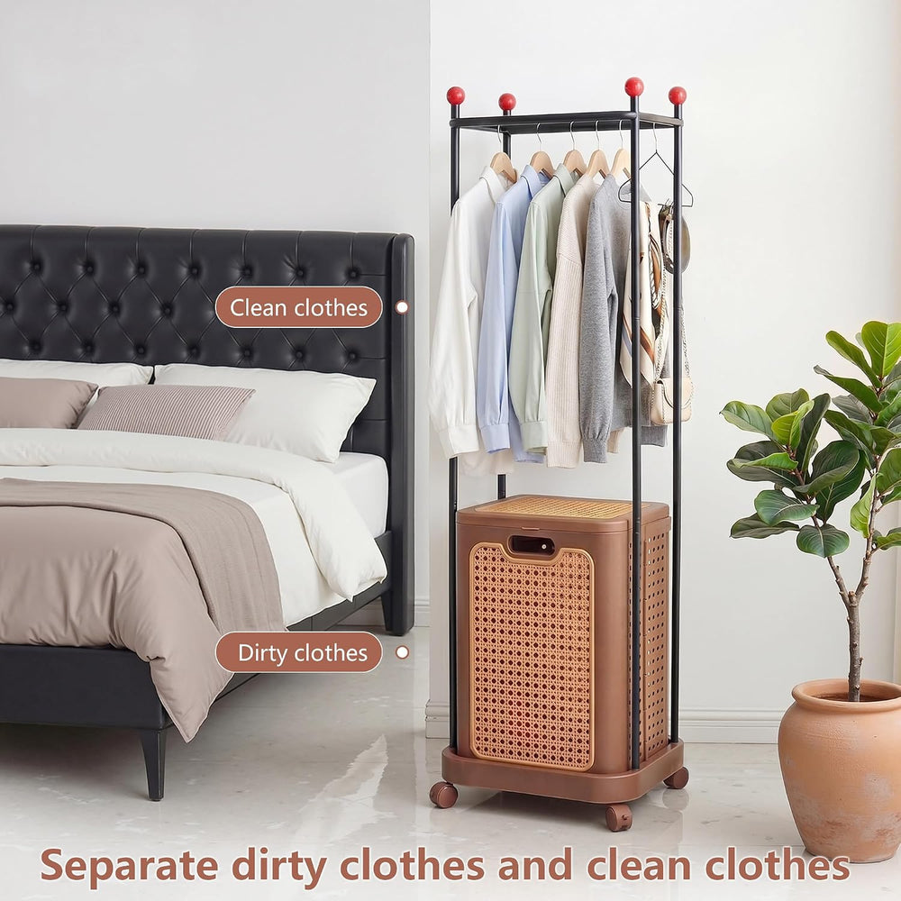VECELO Laundry Hamper with Clothes Rack, Rolling Laundry Basket with Lid and ...