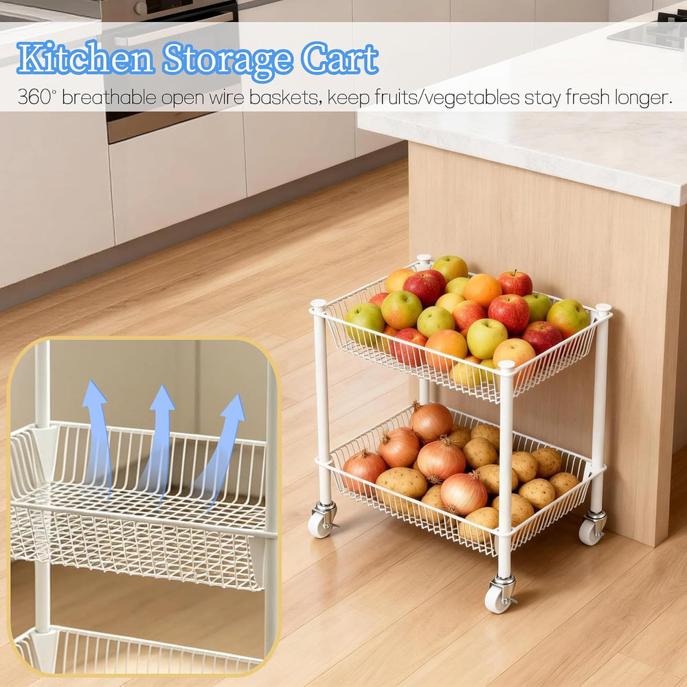 2 Tier Small Utility Cart on Wheels Short Rolling Pantry Cart Thick Metal Wir...
