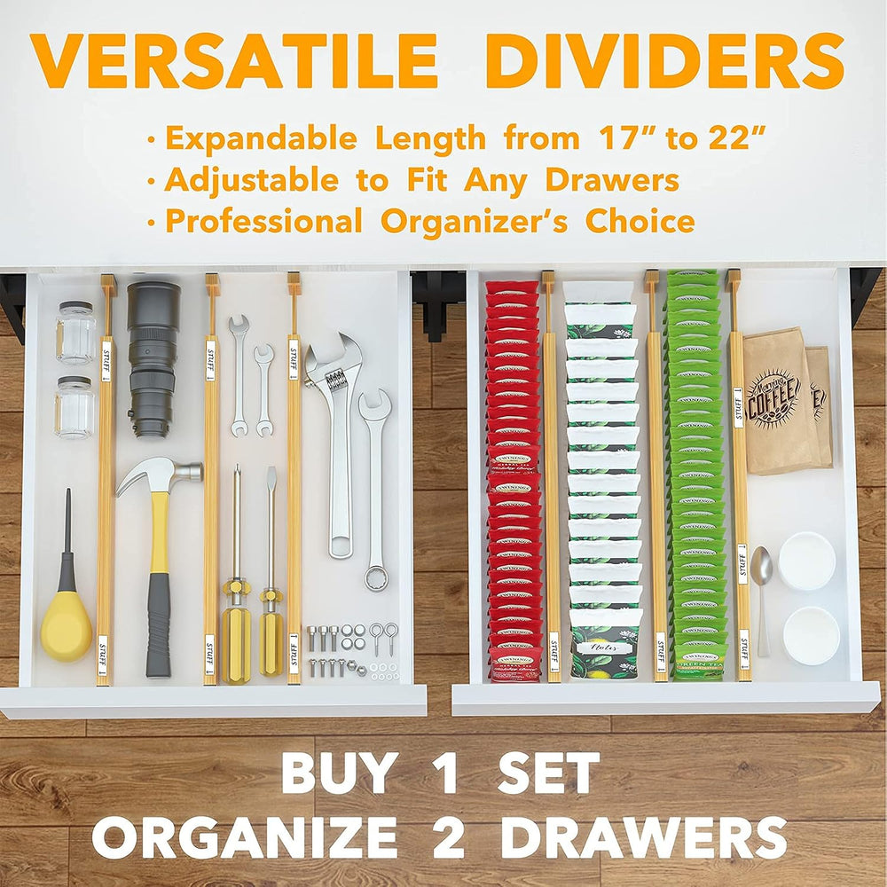 SpaceAid Bamboo Drawer Dividers with Labels, Kitchen Adjustable Drawer Organi...