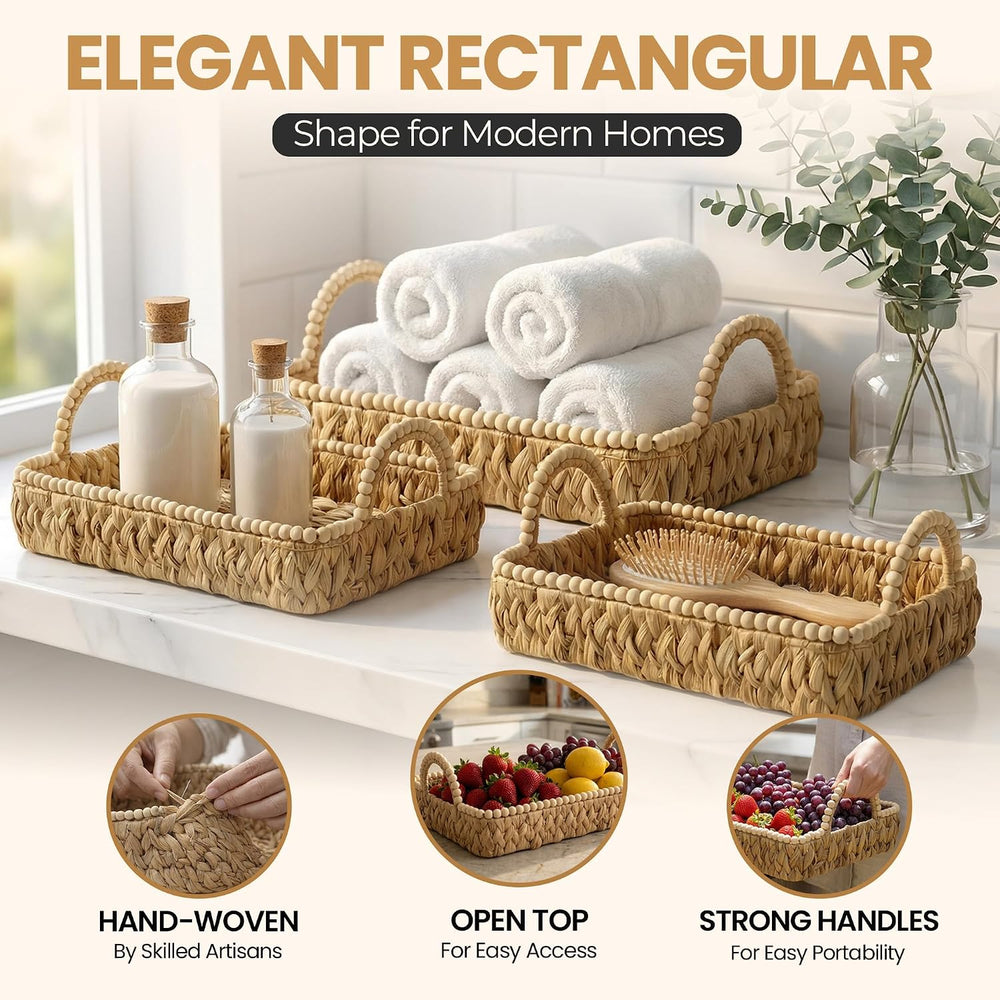 Handwoven Water Hyacinth Wicker Basket Set of 3 - Storage Baskets with Handle...