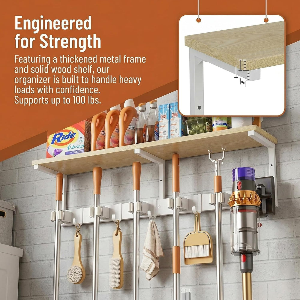 Upgraded Broom Holder Wall Mount with Shelf, Mop and Broom Organizer Wall Han...