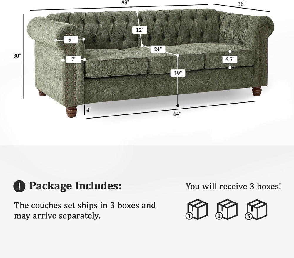 Modern Chesterfield Sofa, Deep Seat Chenille Rolled Arms Couch,Green