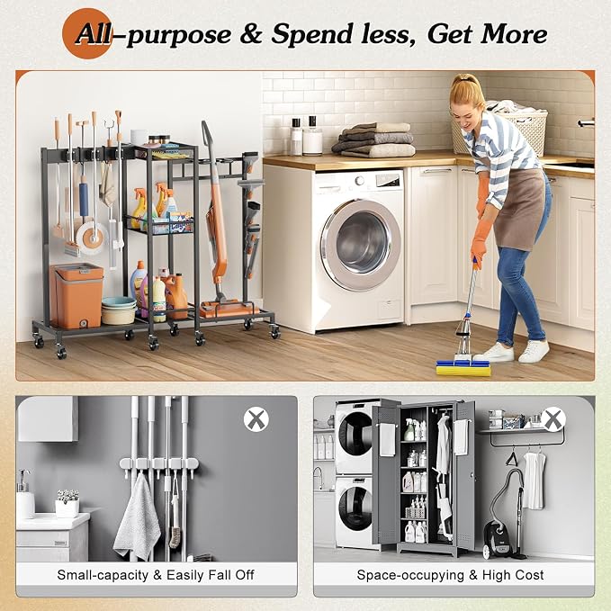 Broom Holder with Cleaning Supplies Organizer, Broom Closet Storage Cabinet