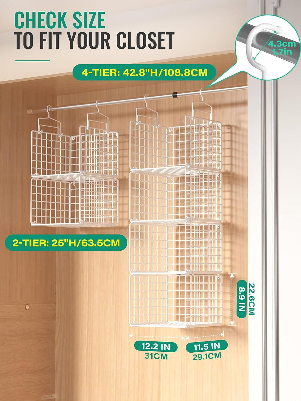 Hanging Closet Organizer, 4 Tier Metal Closet Organizers and Storage with 4 H...