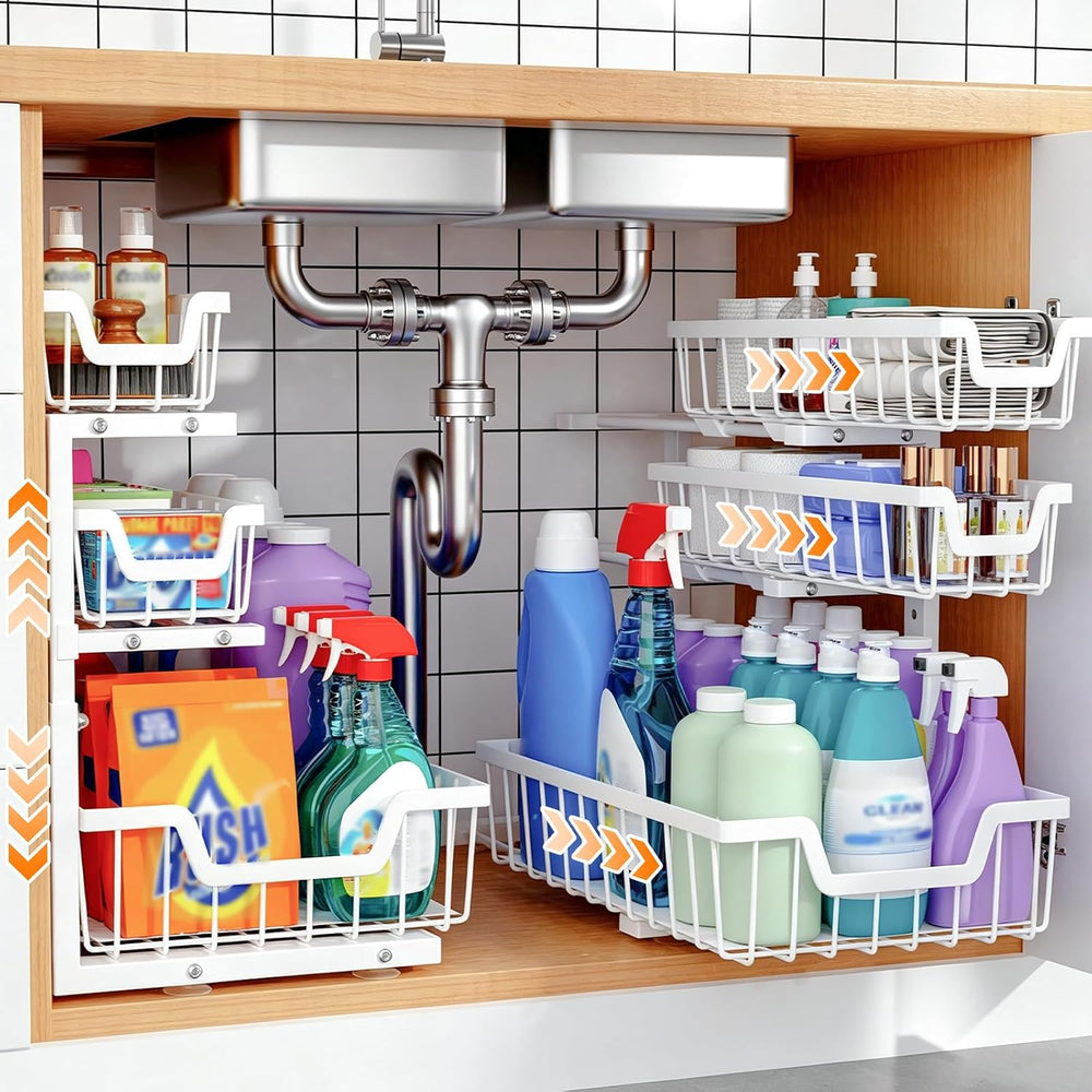 Under Sink Organizer, 2-Pack 3-Tier Height Adjustable Thickened Metal Pull ou...