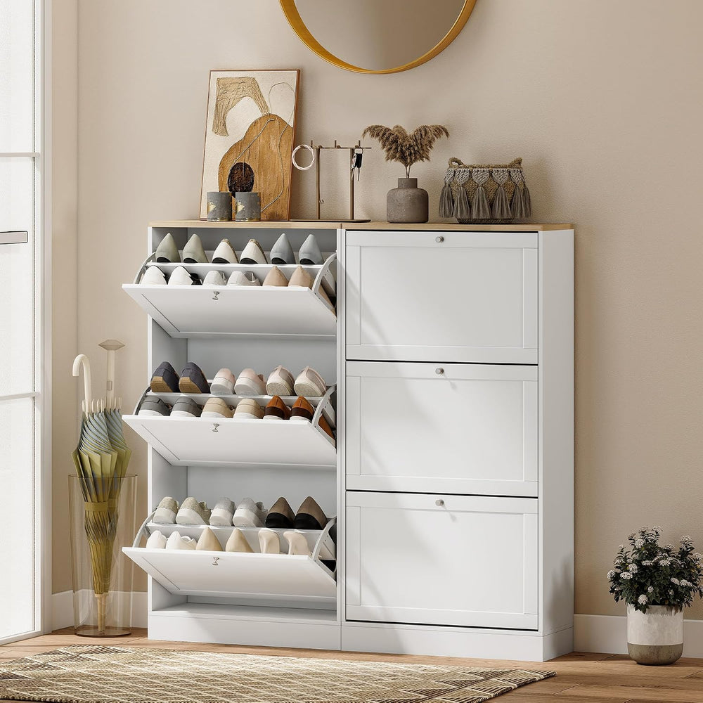 HOMCOM Shoe Storage Cabinet with 3 Flip Drawers, Adjustable Shelves, White