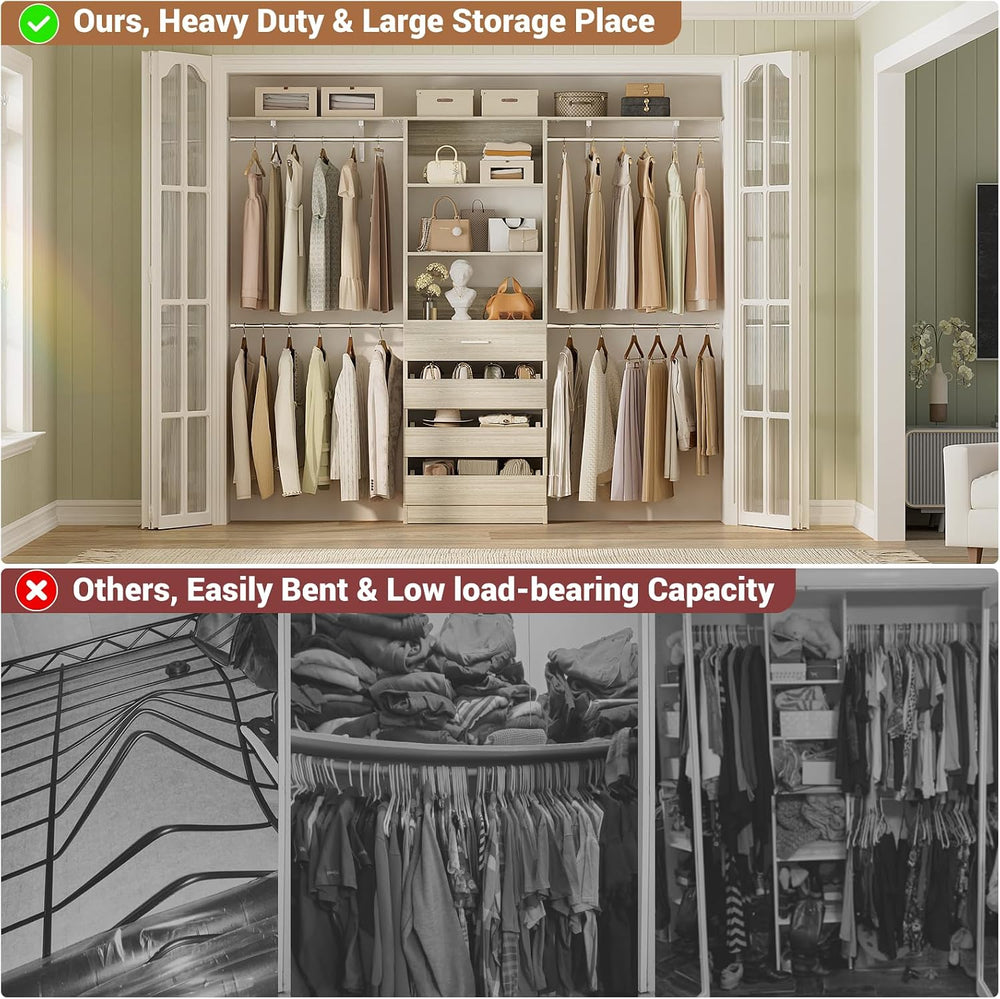 Aheaplus Closet System, 8FT Wood Closet Organizer System with 4 Drawers