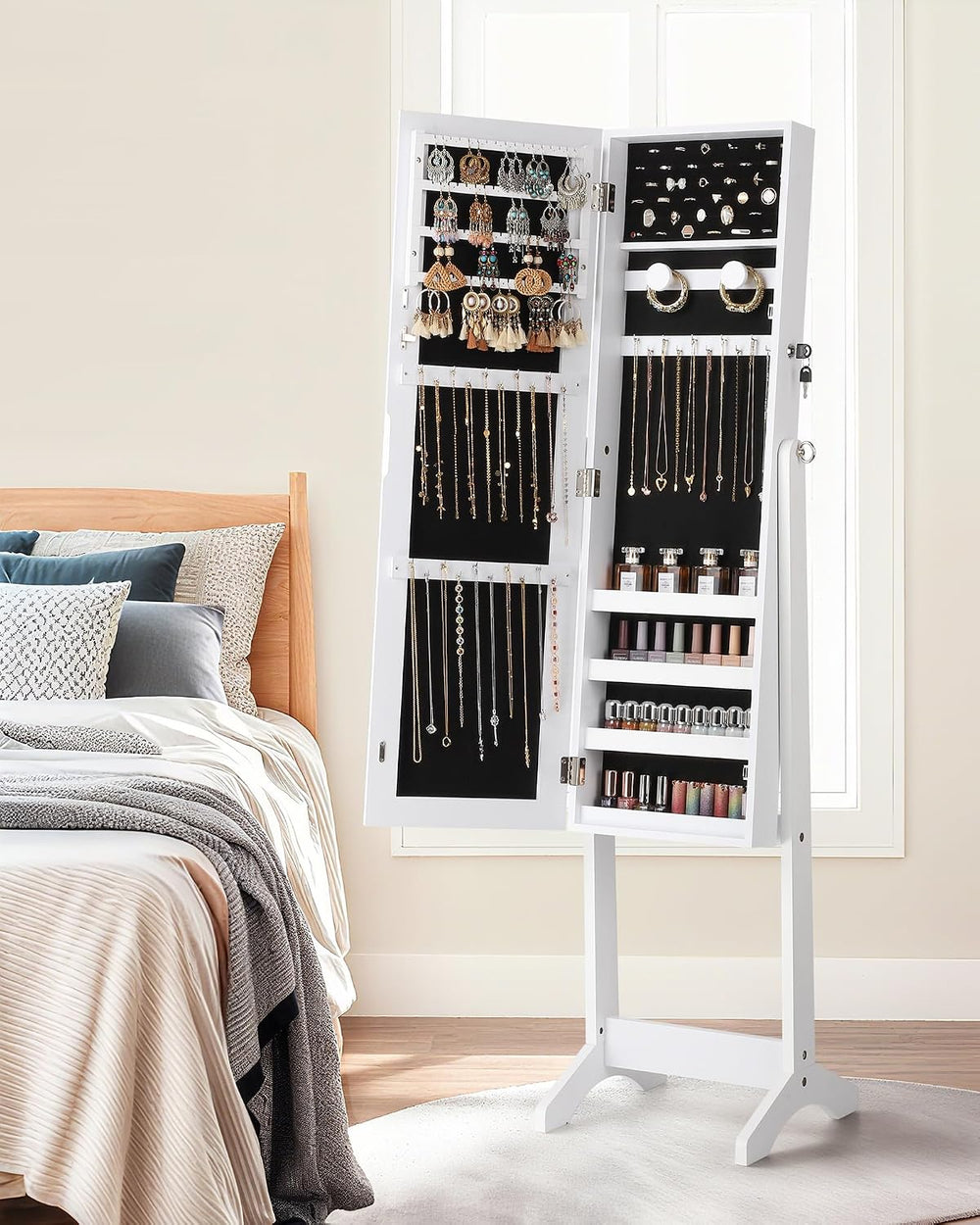 Nicetree Freestanding Jewelry Cabinet, Full Length Mirror, Moon White