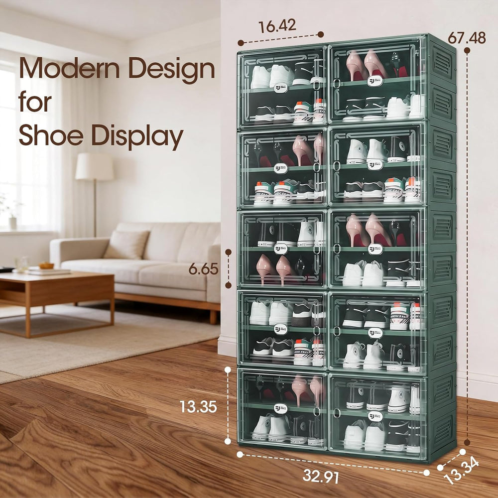 Green Foldable Shoe Storage Cabinet for 40 Pairs with Magnetic Clear Doors, P...