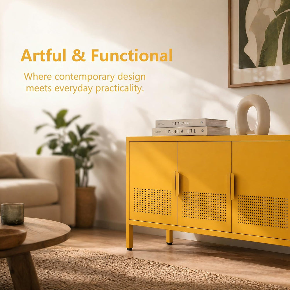 Yellow 47.3" Wide 3 Door Metal TV Stand, 2-Tier Storage Cabinet with Adj...