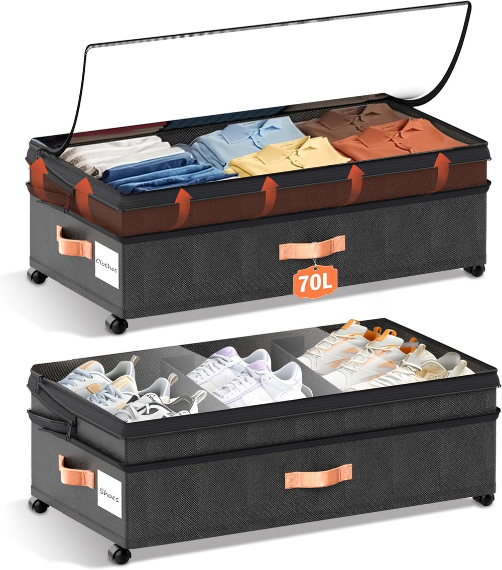 XXL Under Bed Storage with Wheels, 2 Pack 70L Extra Large Rolling Organizer, ...