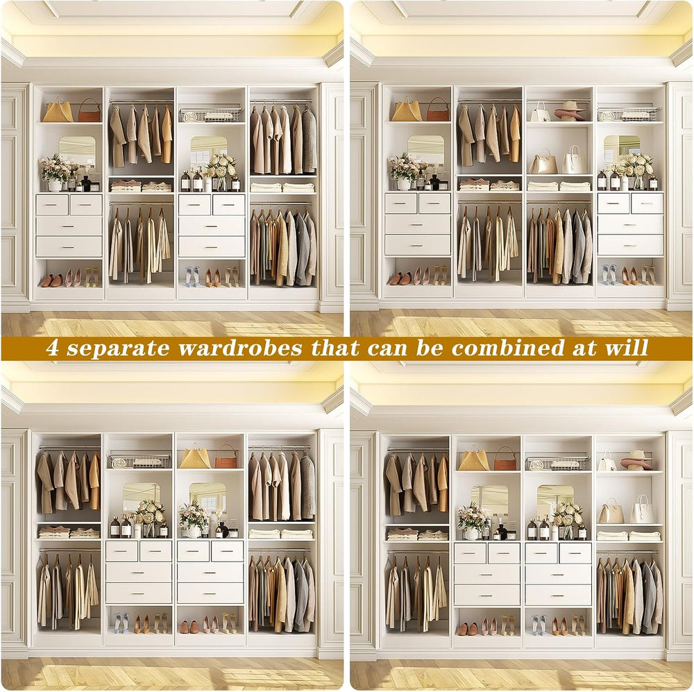 Unikito 100” Closet System with Drawers, 8.3FT Wood Closet Organizer with Han...