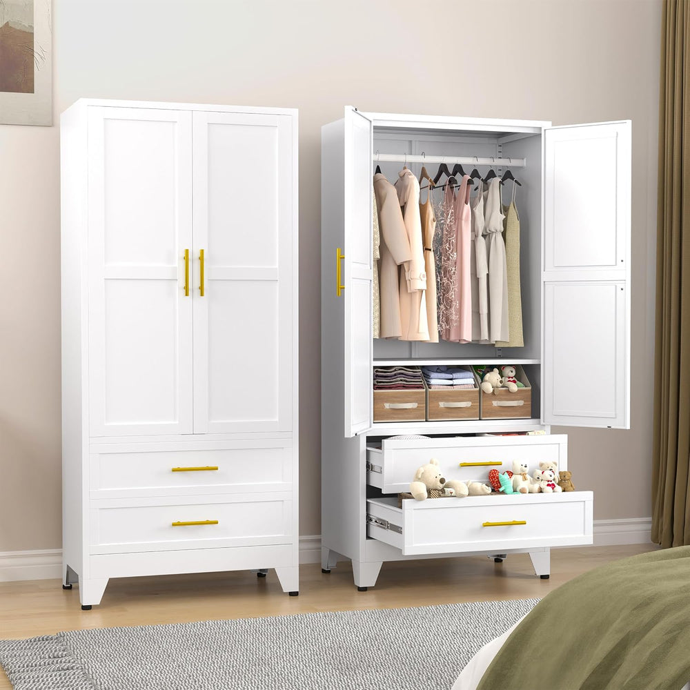 Metal Wardrobe Cabinet with Hanging Rod, Clothing Storage Cabinets