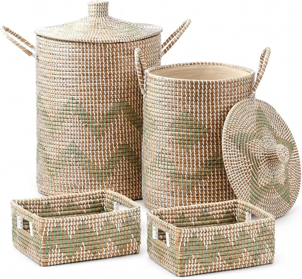 Sea Grass Storage Basket Set of 4, Handwoven Wicker Storage Organizer, Includ...