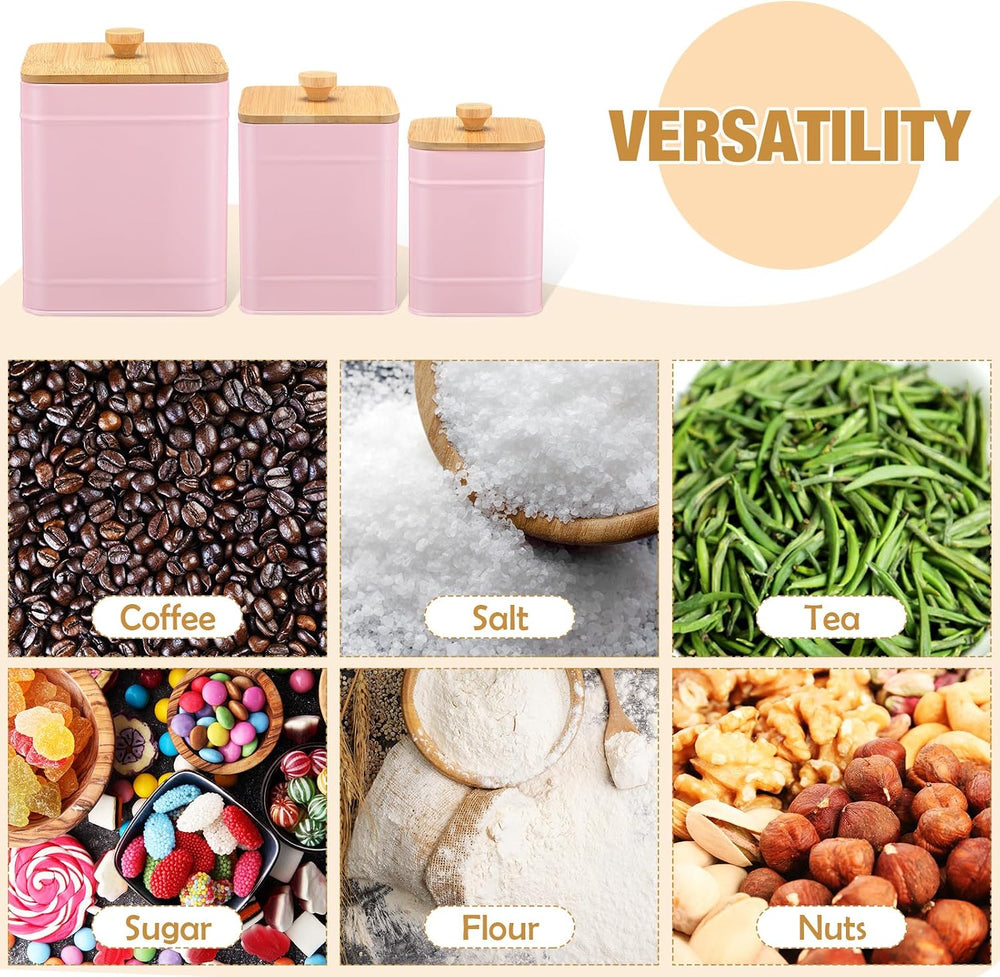 Kitchen Canister Set of 3 & Airtight Bamboo Lids Spoon, Pink, L,M,S