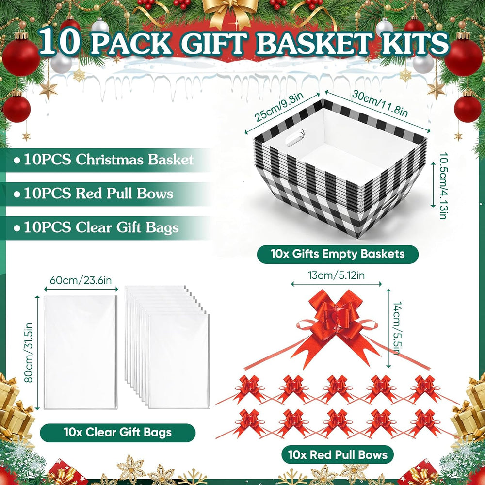 AFOROEOA 10 Pack Christmas Gift Baskets Empty, 10x12 Inch Black Plaid Gift Ba...