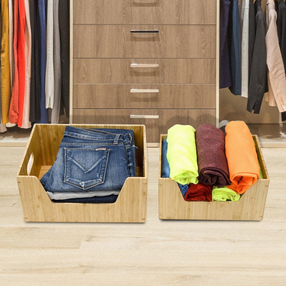 Bamboo Storage Box with Open Front Stackable Bin Organizer to use in closets,...