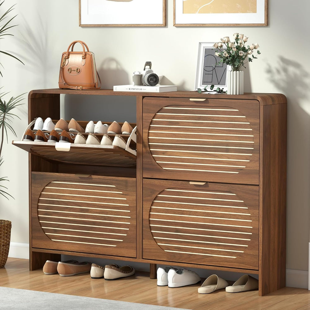 Narrow Shoe Storage Cabinet for Entryway with 4 Flip Drawers, Curved Edge Sho...
