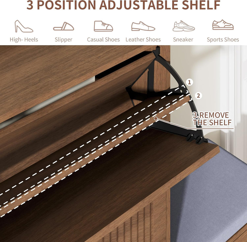 Shoe Cabinet with Bench, 4‑Flip Drawer Fluted Shoe Storage Cabinet with Remov...