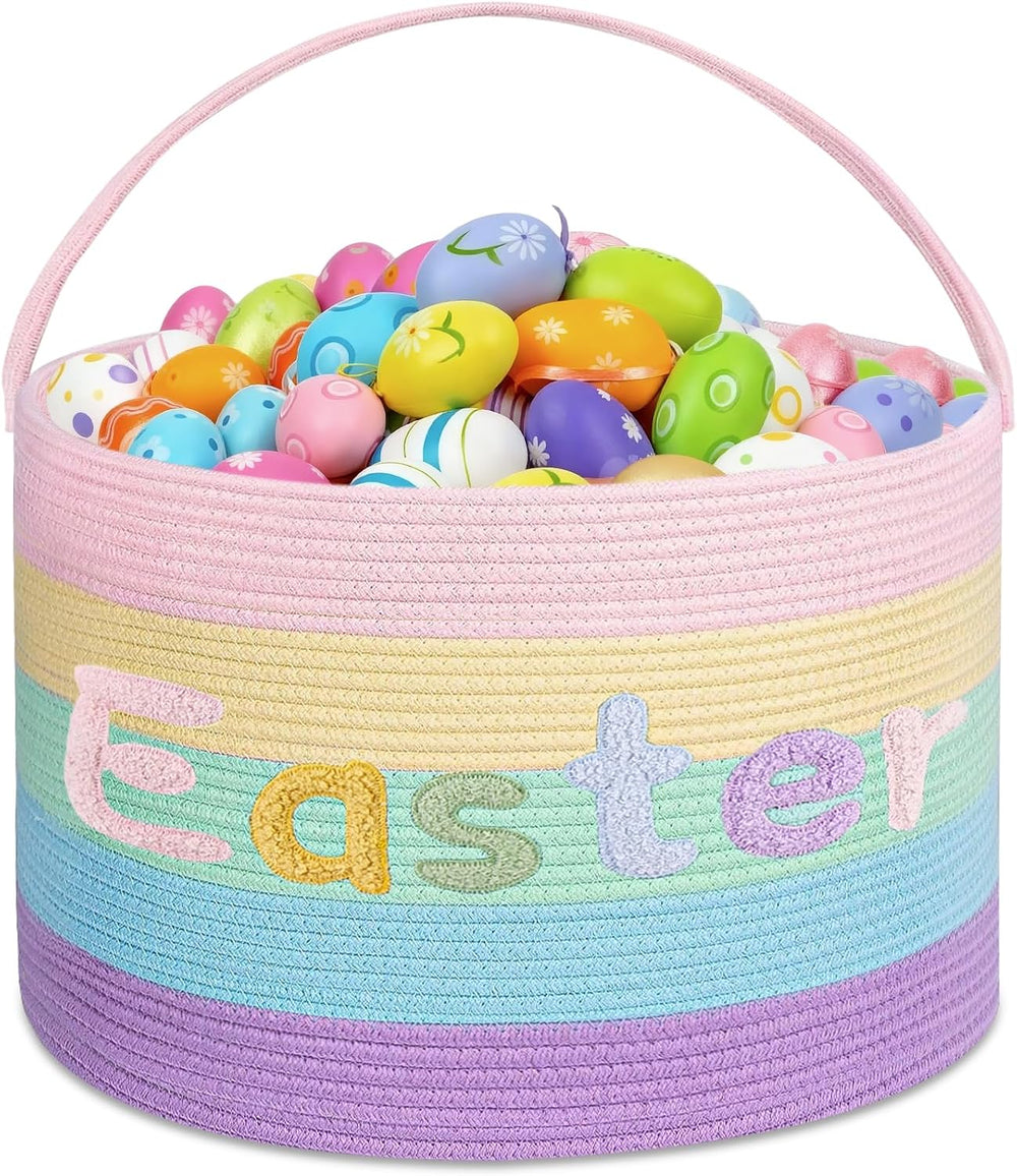Rainbow Easter Basket, Extra Large Easter Egg Hunting Basket, Woven Cotton Ro...