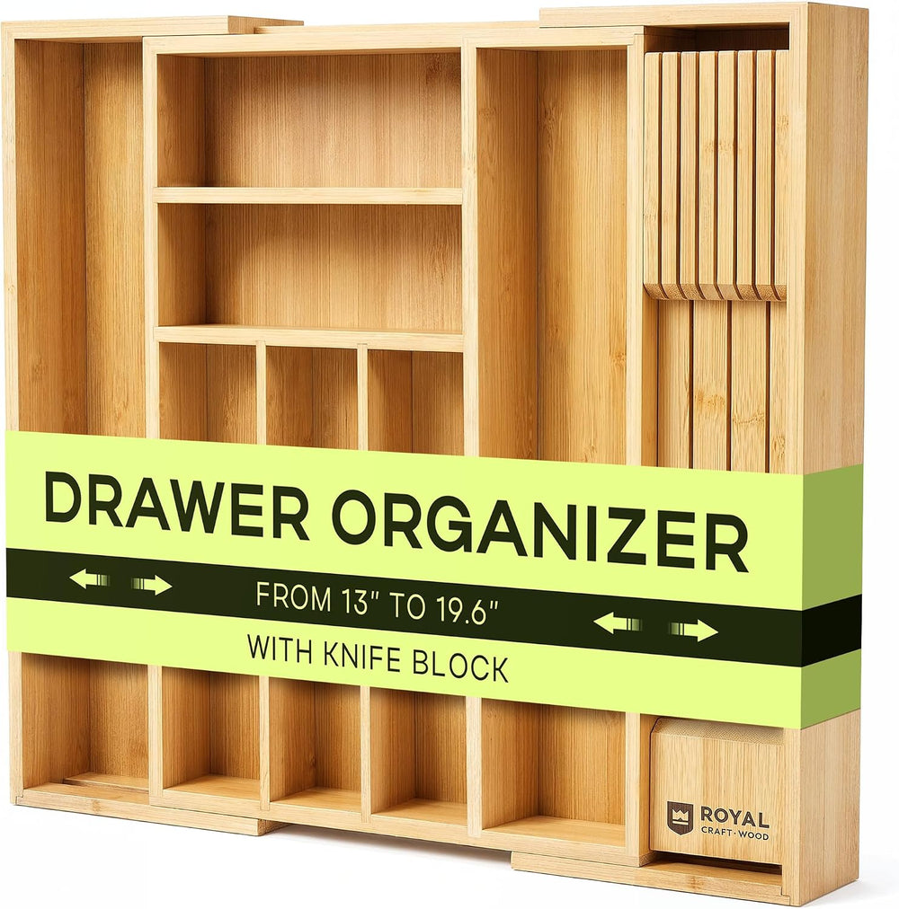 Drawer Organizer for Kitchen Organization – Expandable Bamboo Silverware Draw...