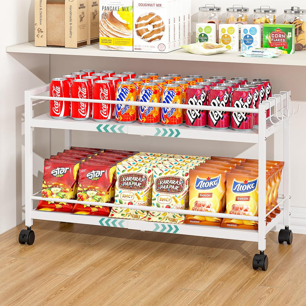 2-Tier Expandable Rolling Pantry Cart with Wheels, Adjustable Floor Organizer...