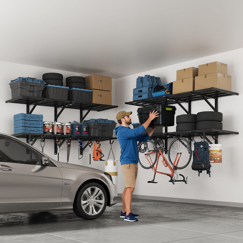 FLEXIMOUNTS 2-Pack 2x6ft Garage Wall Shelving with 8 Hooks, 1200lbs, Black