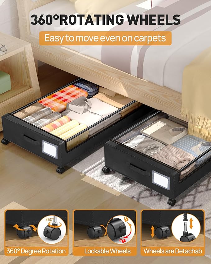 Under Bed Storage with Wheels, Square Under Bed Storage Containers, 4 Pack