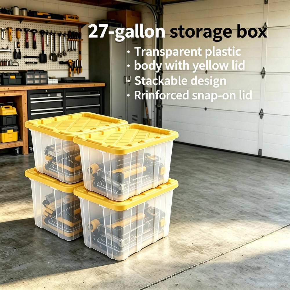 27 Gallon Clear Plastic Storage Container, Yellow, Set of 4