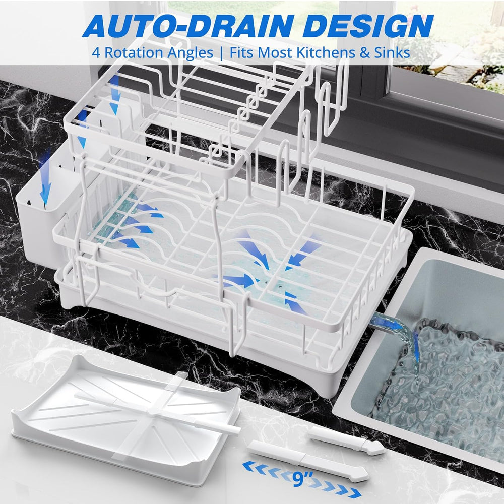 Godboat 2-Tier Dish Drying Rack - Dish Rack with Auto Drain-to-Sink & Mat