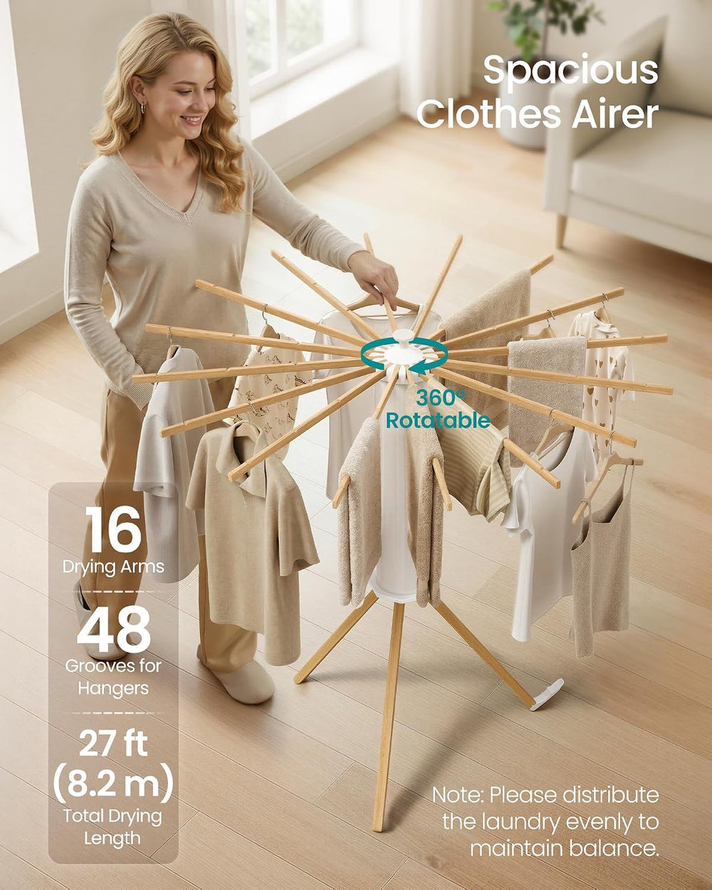 SONGMICS Clothes Drying Rack, Foldable Rotary Tripod, 16 Pull-Out Wood Arms
