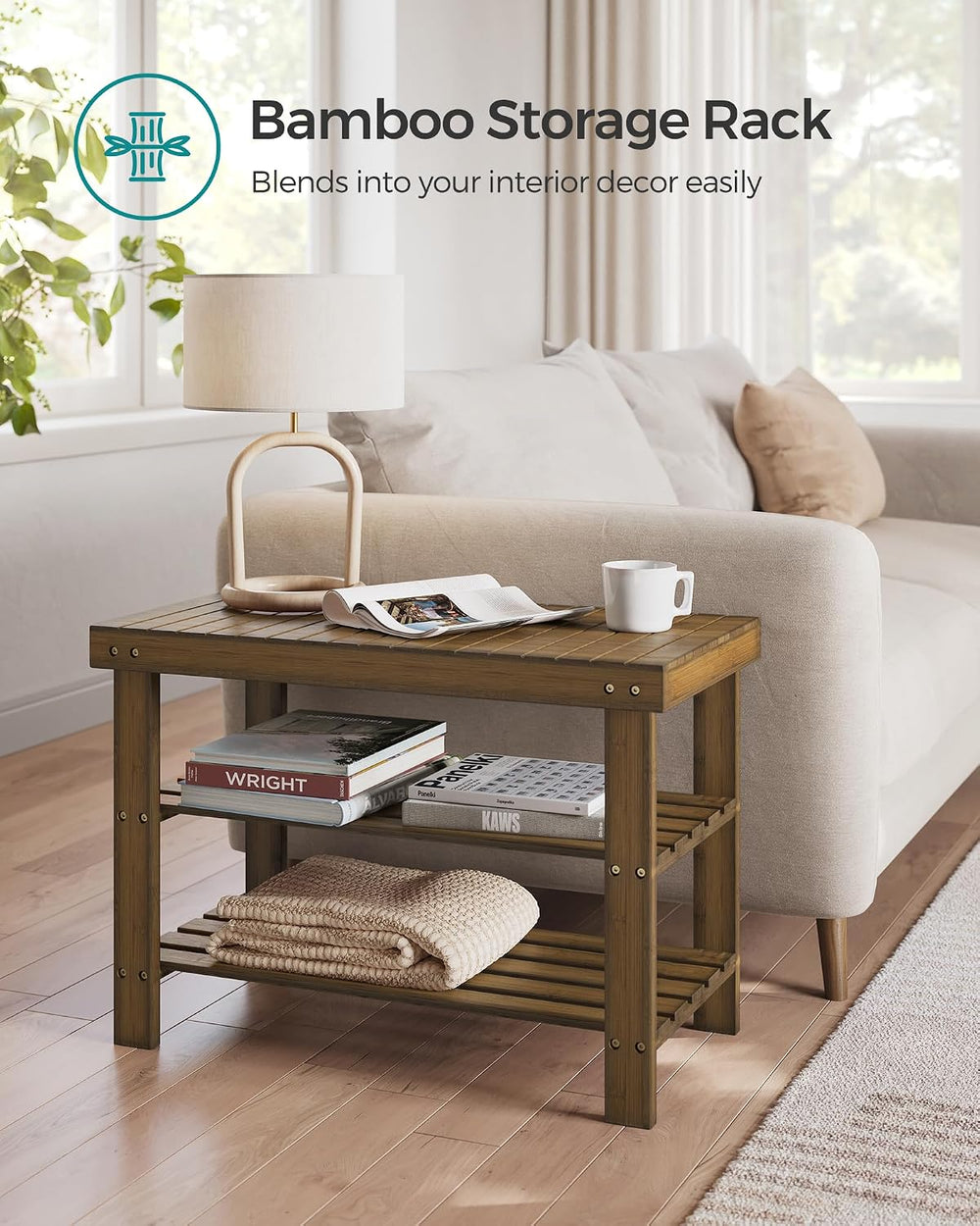 SONGMICS Shoe Rack Bench, 3-Tier Bamboo Entryway Bench, 27.6 Inches Width