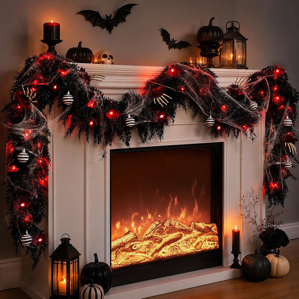 9FT Black Garland with Lights and Ornaments Prelit Halloween Decoration
