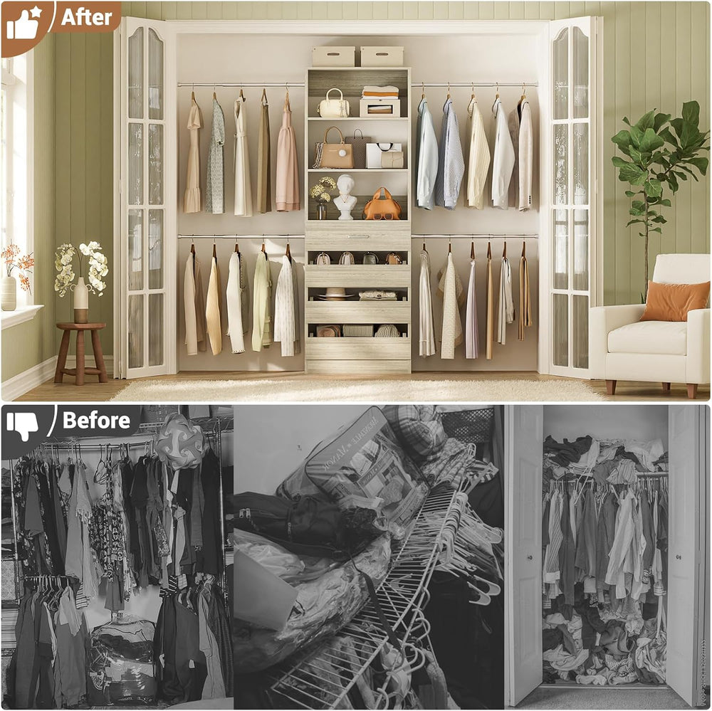 Aheaplus Closet System,4-9Ft Closet Organizer with 4 Wood Drawers,White Oak