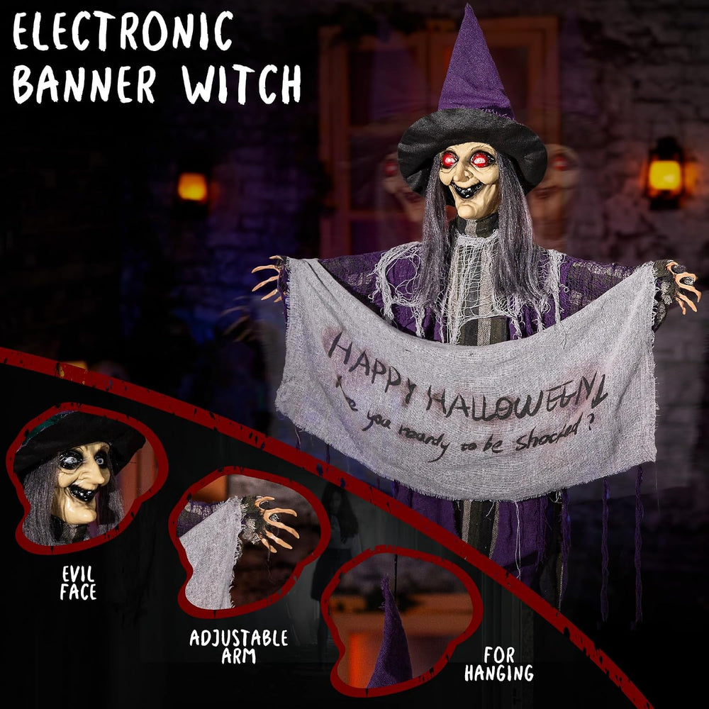 Halloween Animatronics 5ft Hanging Witch, 60inch Floating Animated Witch Deco...