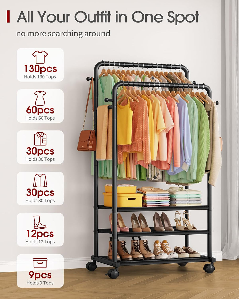 Sakugi Double Rod Clothes Rack with 3-Tier Shelves, 28.7"W x 17"D x...