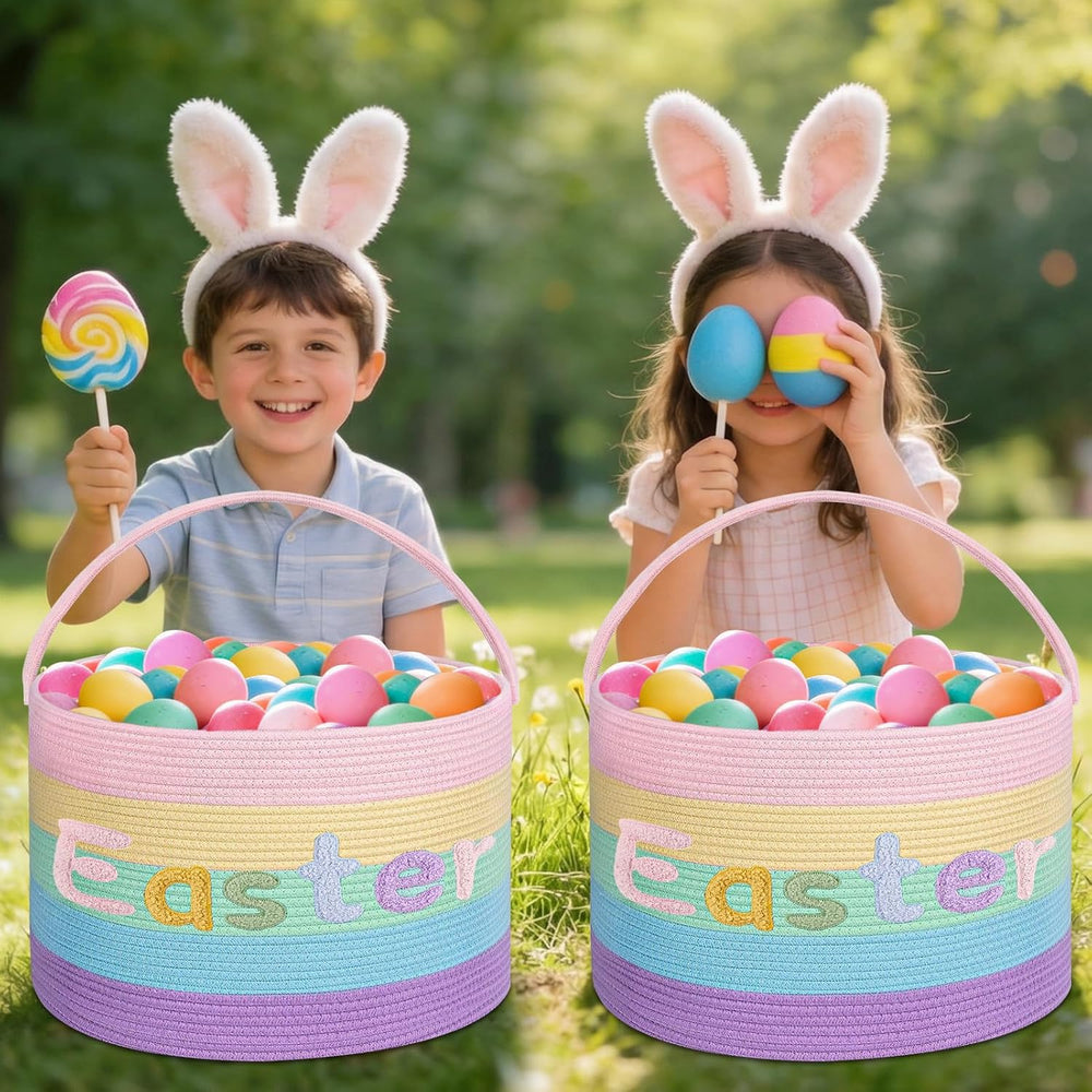 Rainbow Easter Basket, Extra Large Easter Egg Hunting Basket, Woven Cotton Ro...