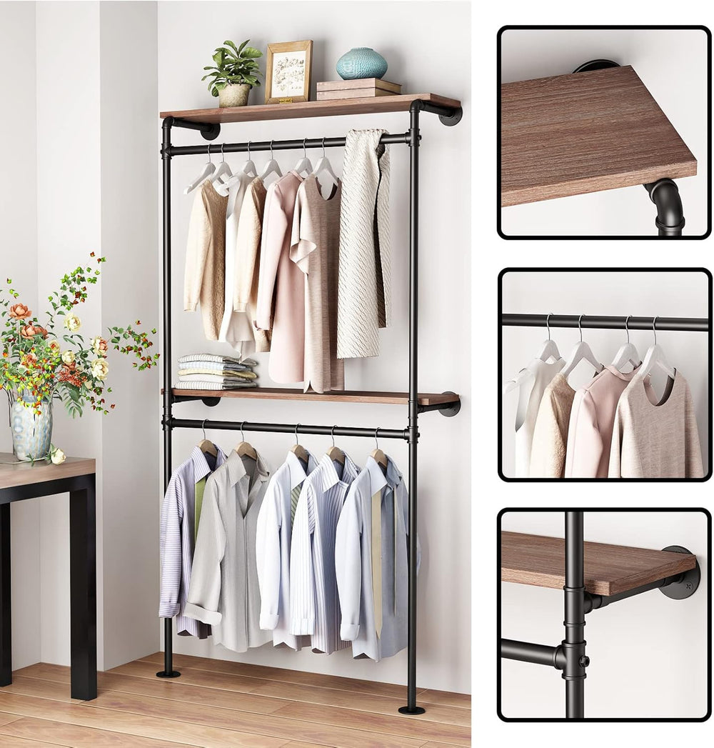 DR.IRON Industrial Pipe Clothing Racks with 2 Tier Shelves, Wall Mounted Blac...