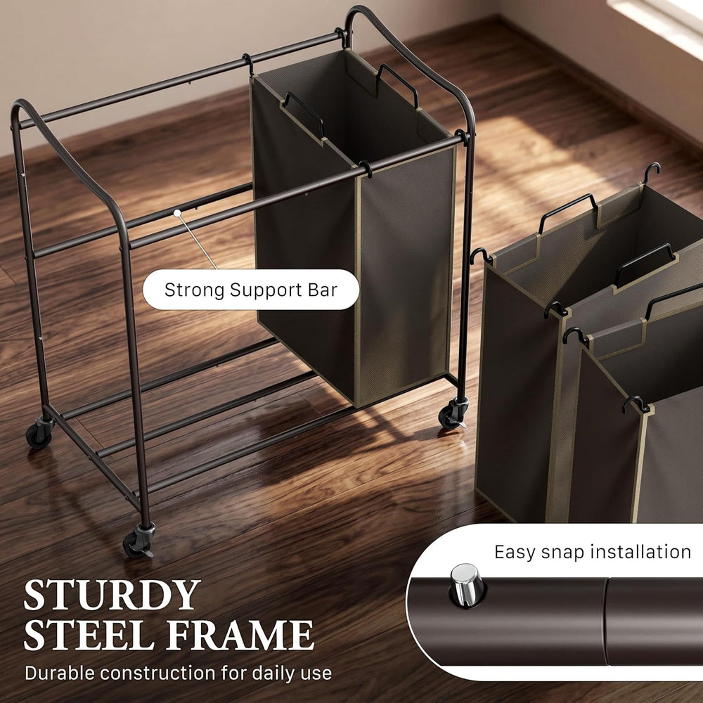 Simple Houseware Heavy Duty 3-Bag Laundry Sorter Rolling Cart, Bronze
