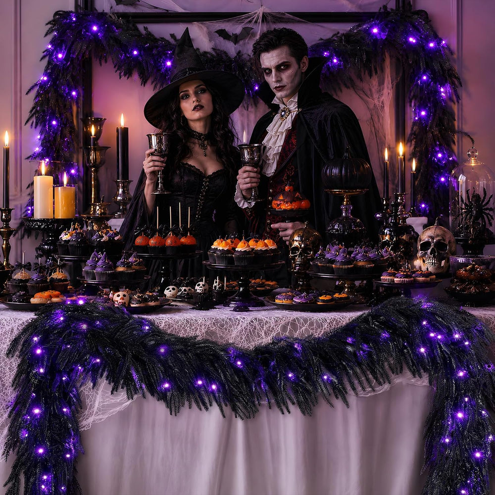 N&T NIETING 9FT Black Halloween Pre-Lit Garland with 70 LED Lights Real T...
