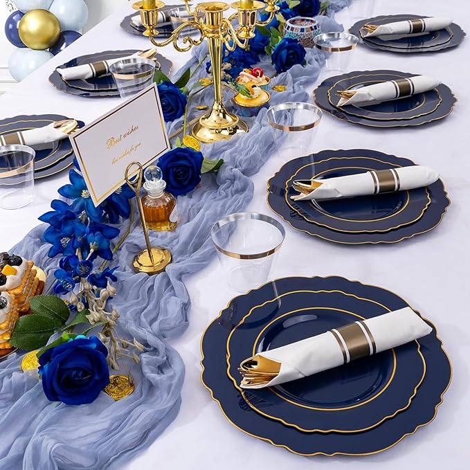 Liacere 350PCS Navy Blue Plastic Plates-Disposable Blue Gold Plates 50guest P...