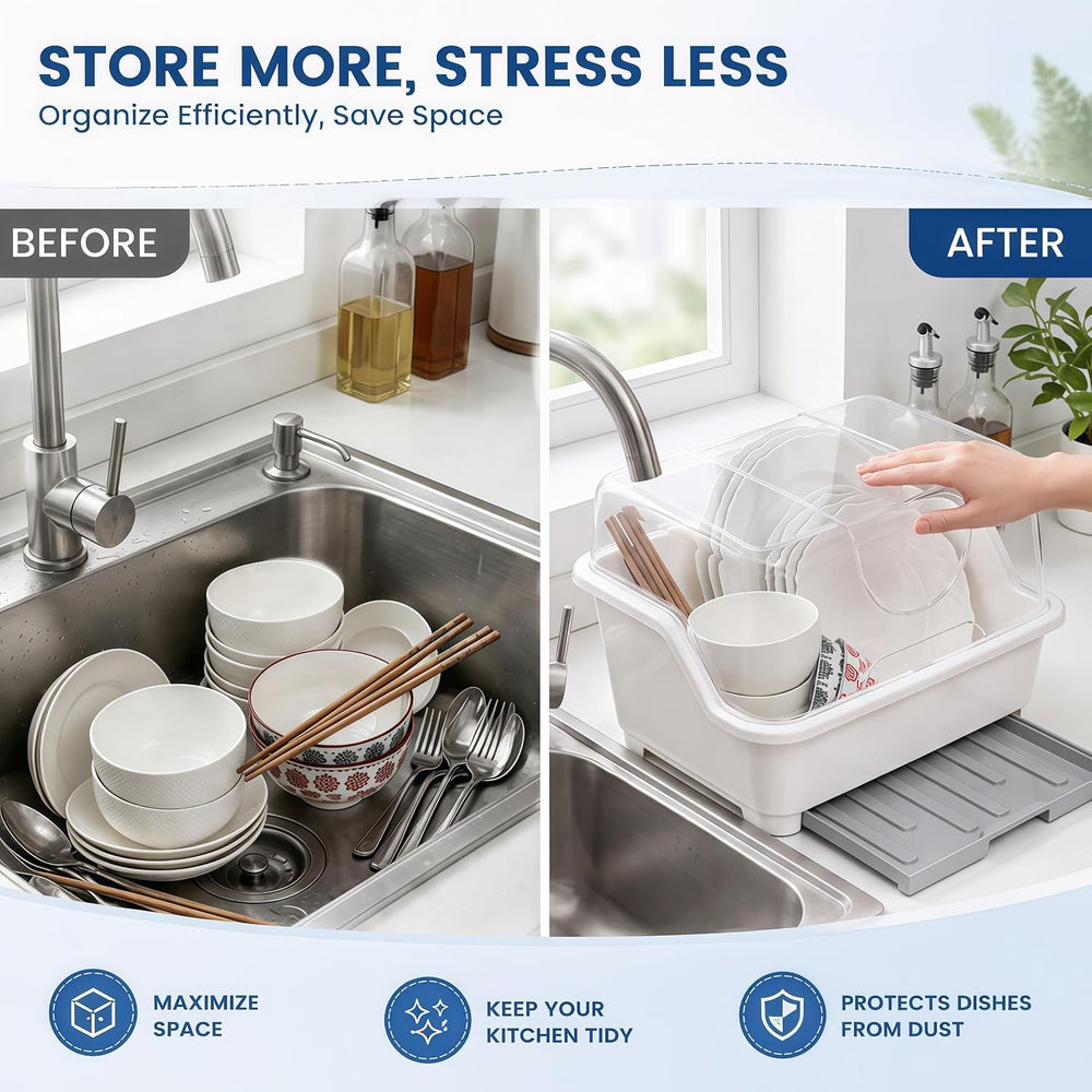 Plastic Dish Drying Rack with Clear Cover Lid, Dust-Proof